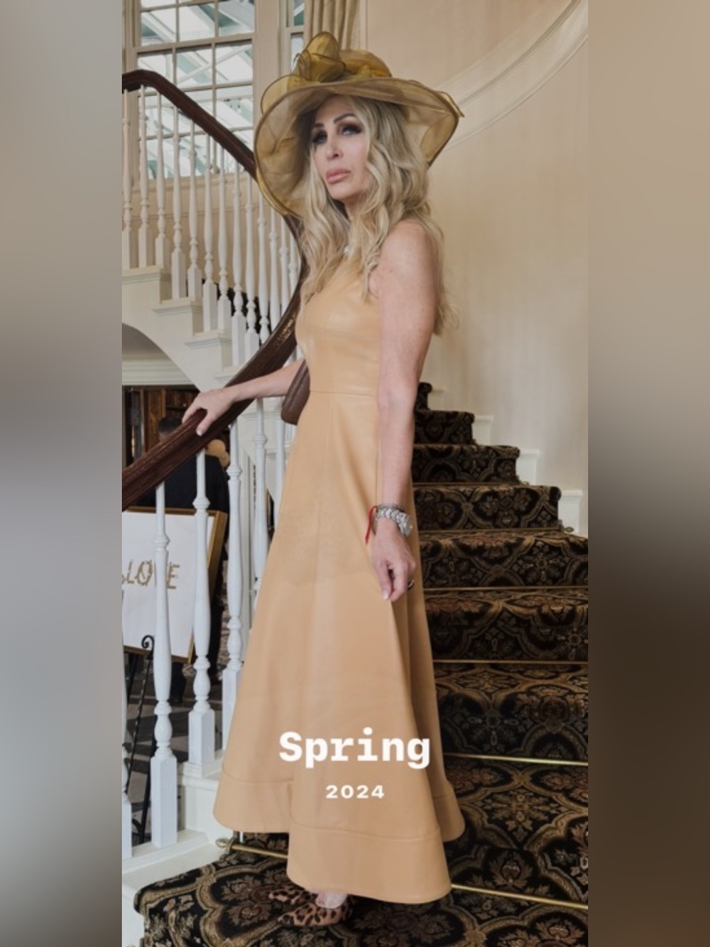 Sleeveless Creamy Tan A-Line Maxi Dress faux leather